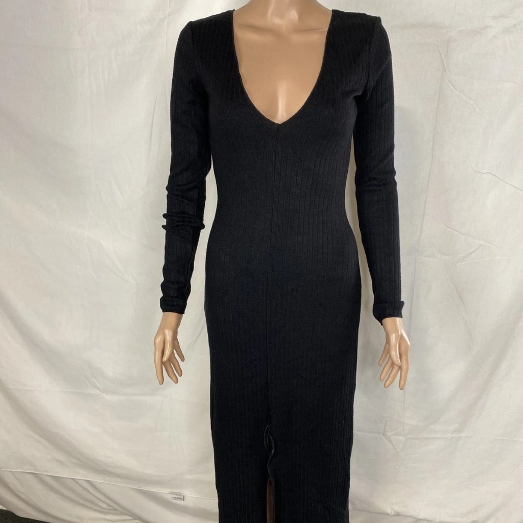 Zara Women's Long Sleeve V-Neck Ribbed Sweater Dress Black Size M | Preowned